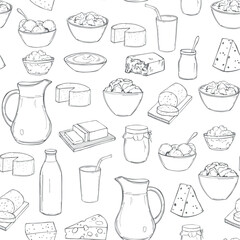  Milk food. Butter, cheese, sour cream, yogurt and cream on a white background. Vector seamless pattern.