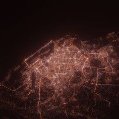 Kaohsiung (Taiwan) night view with street lights. Aerial shot from space. top view heading west, 