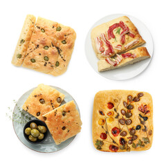 Traditional focaccia with different toppings on white background, collage. Top view