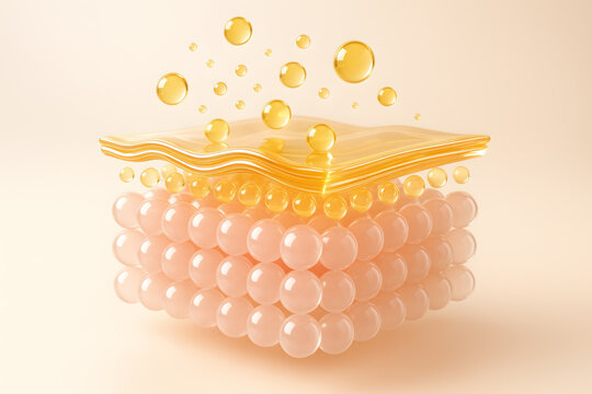 3D cross-section illustration of translucent skin layers absorbing golden serum droplets. A luxurious visual representing hydration, skincare science, and cosmetic innovation in a clean, elegant style
