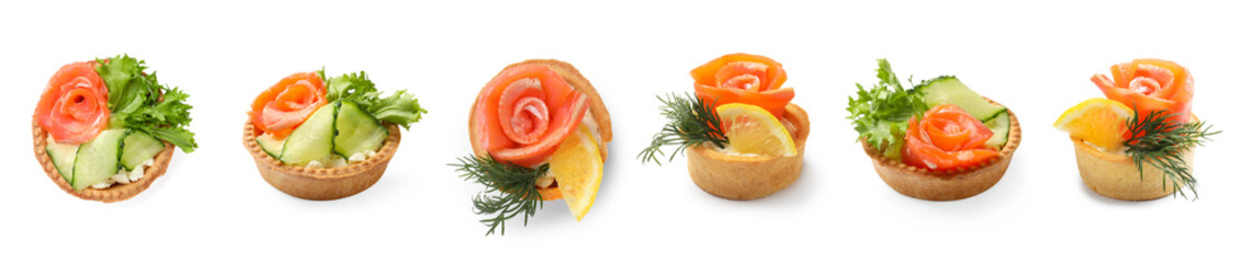 Different tartlets with salmon isolated on white, collage. Top and side view