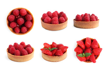 Sweet tartlets with different berries isolated on white, set. Top and side view