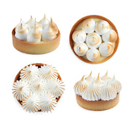 Sweet tartlets with different fillings isolated on white, set. Top and side view