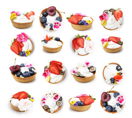 Sweet tartlets with different fillings isolated on white, set