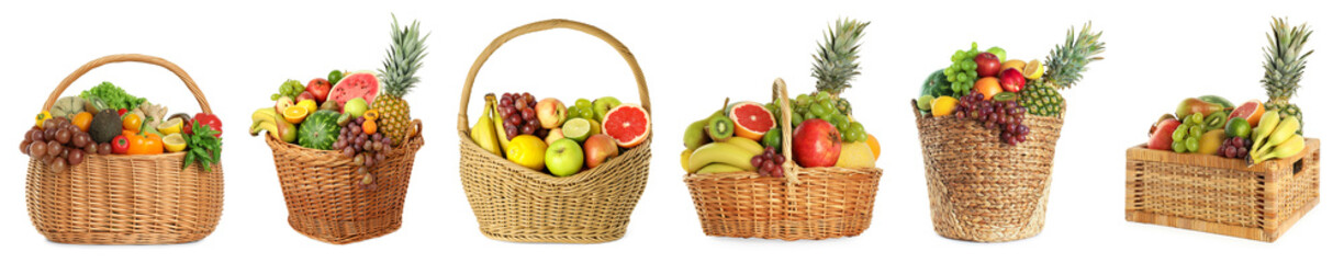Different fruits in baskets isolated on white, set
