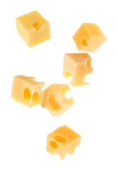 Cheese cubes in air against white background