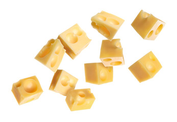 Cheese cubes in air against white background