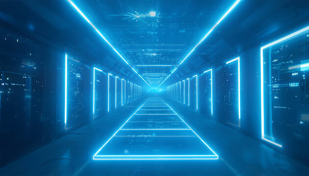 A futuristic corridor with blue neon lights and data servers. This creates an atmosphere of technological advancement and innovation