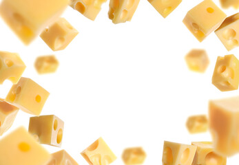 Cheese cubes in air against white background