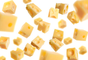 Cheese cubes in air against white background