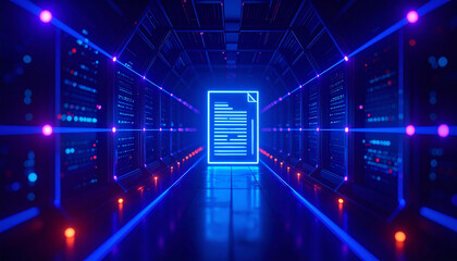 Data protection concept with file document illuminated in server room