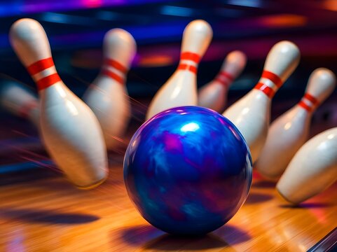 Colorful Bowling Ball Striking Pins with Motion Blur in Modern Alley &ndash; Dynamic Sports Concept