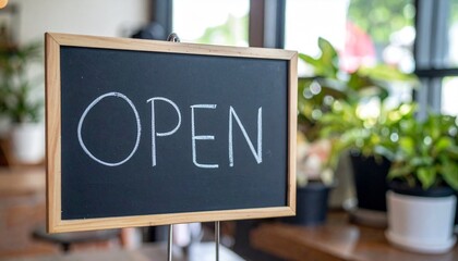 Close up of a chalkboard with the word Open, surrounded by plants, suggesting a warm welcome and the start of the business day.