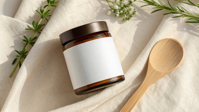 A cosmetic jar with a blank paper label sits on a soft fabric surface. Fresh herbs and a wooden spoon create a natural and inviting atmosphere. Perfect for beauty and wellness themes