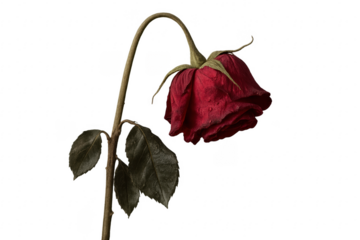 Dying red rose with transparent background is drooping on its stem