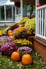 Vibrant orange pumpkins are arranged with colorful mums on the porch steps of a house, holiday fall decor.