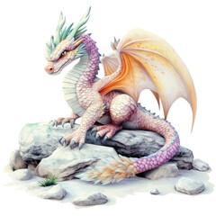 Obraz premium Highly detailed fantasy dragon with pastel colors, perched on rocks, with intricate scales and large wings