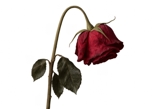 Dying red rose with transparent background is drooping on its stem