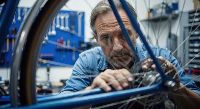 Experienced Mechanic Fixing a Bicycle Wheel in Workshop