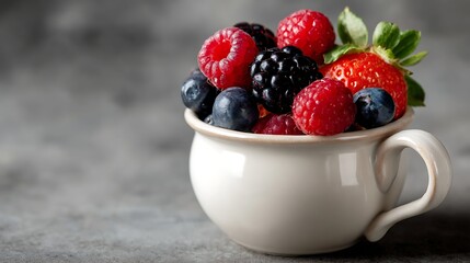 summer berries in white mug empty space