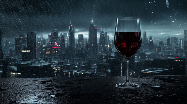 A glass of red wine stands on a wet rooftop as heavy rain falls over a glowing futuristic city skyline at night. - Powered by Adobe