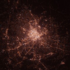 Nashville (USA, Tennessee) night view with street lights. Aerial shot from space. top view heading west, . 3d render, Illustration