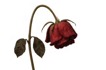 Withering red rose with water drops on transparent background