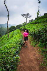 Obraz premium Young Indian woman running through the scenic tea plantations of Kerala, embracing fitness and adventure amidst nature