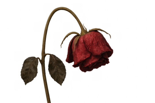 Withering red rose with water drops on transparent background