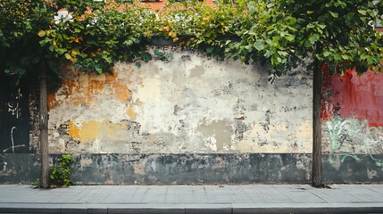 Trees frame a weathered street wall with peeling paint and graffiti in an urban setting