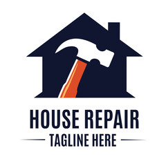 house repair logo with hammer and home icon, for handyman services emblem, home improvement branding, renovation and maintenance graphic