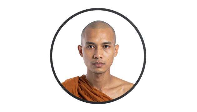 A portrait of a monk wearing a traditional robe and looking directly at the camera. The portrait is framed by a simple circular border