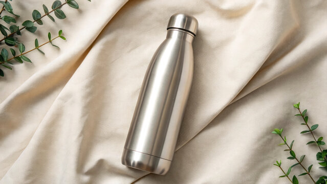 A sleek stainless steel water bottle is positioned on a creamy fabric surface adorned with soft green foliage