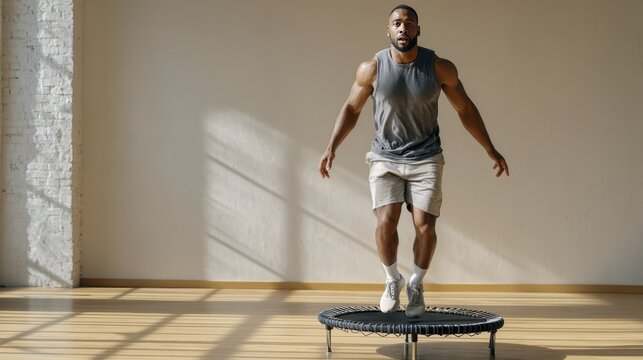 Man rebounding on mini trampoline in sunlit room for indoor fitness and exercise routine