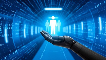 A digital robot hand presenting illuminated human figures within a futuristic tunnel of binary code