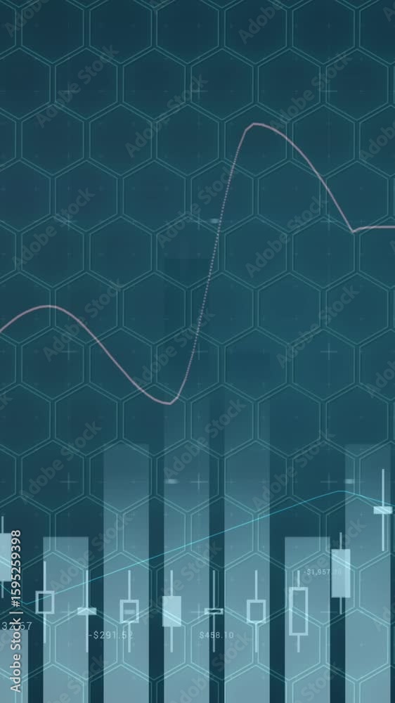Poster Statistical data processing against hexagonal shape pattern design on blue background