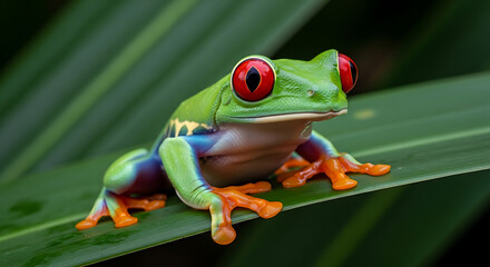 Naklejka premium Vibrant Red-Eyed Tree Frog Perched on Green Leaf, Colorful Amphibian in Rainforest, Iconic Tropical Wildlife