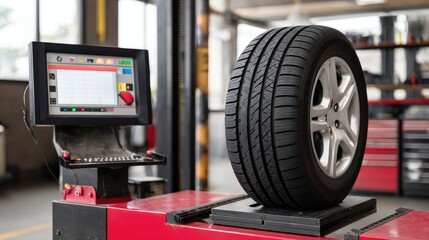 Fototapeta premium Close-up view of wheel and tire on electronic balancing machine in modern car service workshop with wrench and mechanical details