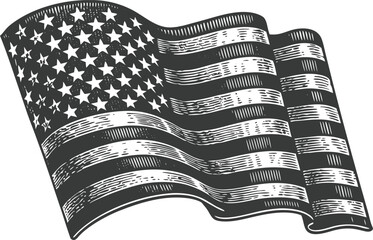 Engraved American Flag Waving in the Wind with Stars and Stripes