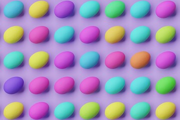 Many colorful eggs on medium purple background. Top flat view, vertical. 3d render, illustration