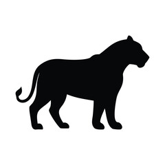 Black silhouette of a lion standing isolated on white background