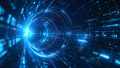 Abstract tunnel of digital data with a bright light at the end, symbolizing the speed of the modern digital age and data flow