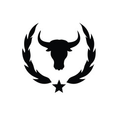 Fototapeta premium Black silhouette of bull head with laurel wreath and star