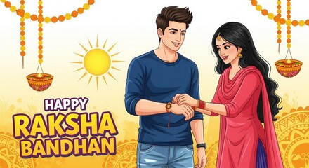 Happy Raksha Bandhan Illustration – Sister Tying Rakhi on Brother’s Hand with Bold Festive Text
