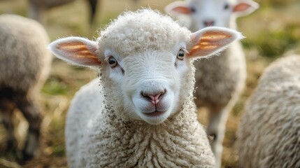 Obraz premium A close-up of a lamb with a blurred background, showing its white wool and pink nose.