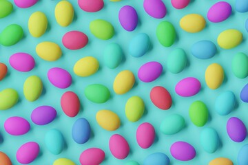 Many colorful eggs on turquoise background. Top flat view, diagonal grid. 3d render, illustration