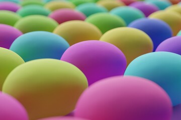 Many colorful eggs on violet background. Closeup view, macro shot, selective focusclose up shot. 3d render, illustration