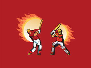 A dynamic vector silhouette of a cricket player in an action pose with background on fire, ready to swing the bat