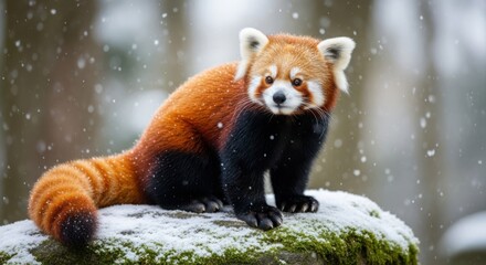 Adorable Red Panda Sitting on a Snowy Rock in a Winter Forest