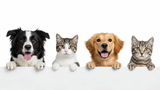 Two playful dogs and two curious cats peeking over a white banner together on a plain background.
